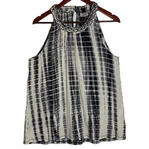 Antibes Blanc High Neck Tie Dye Black White Flowy Top Braided Collar Rayon XL